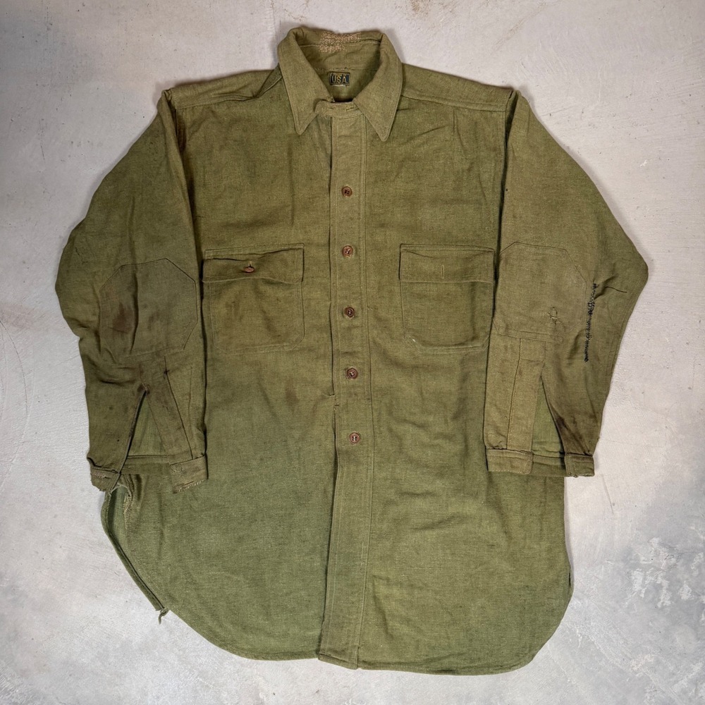 Vintage 1940s Military Wool flannel Field Shirt Mens XL Olive Drab Distressed